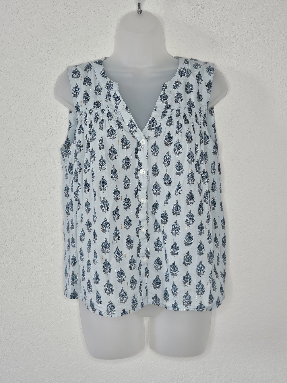 Lucky Brand Small Blue Floral Block Print Metallic Sleeveless Blouse Top Boho